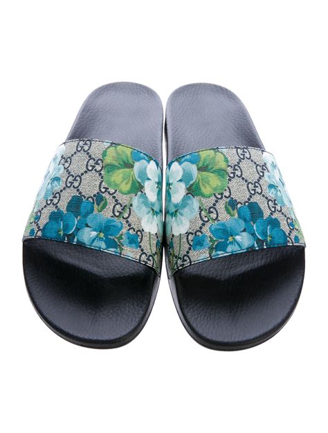 womens gucci slides blue flowers|Gucci gg blooms slides.